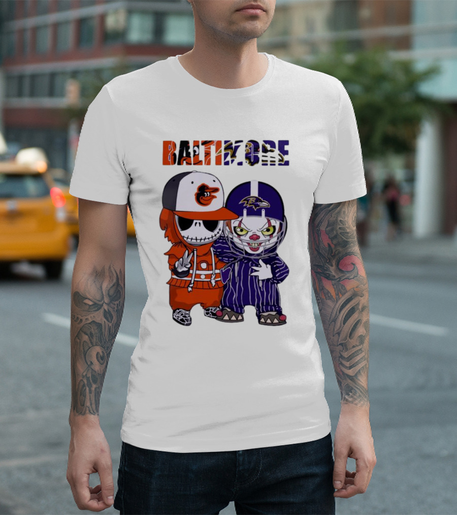 Baby Jack Skellington Pennywise Mashup Baltimore Orioles Ravens Halloween T-Shirt