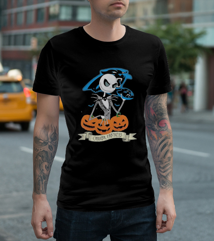 NFL Carolina Panthers Jack Skellington Halloween Football Pumpkins T-Shirt