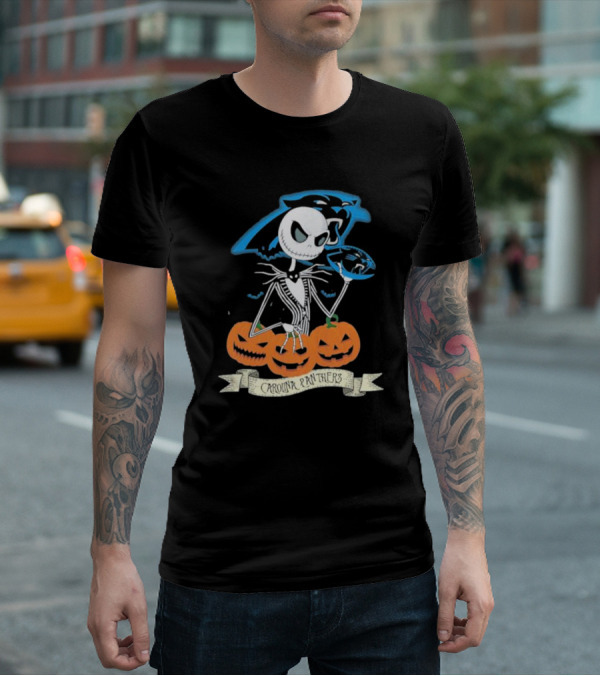 NFL Carolina Panthers Jack Skellington Halloween Football Pumpkins T-Shirt