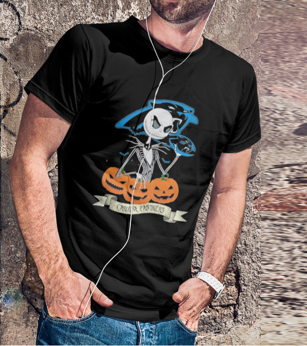 NFL Carolina Panthers Jack Skellington Halloween Football Pumpkins T-Shirt