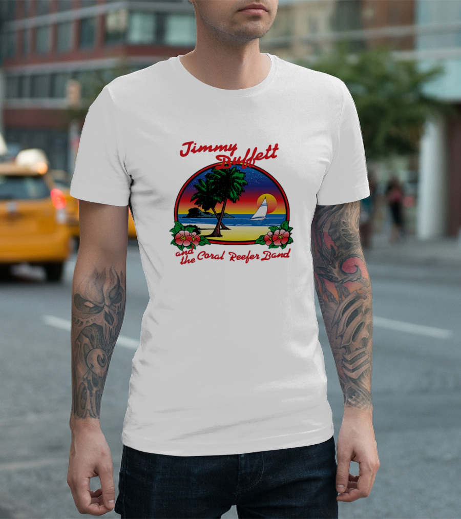 Jimmy Buffett and the Coral Reefer Band 1981 Coconut Telegraph Tour Vintage Island Sunset Scene T-Shirt