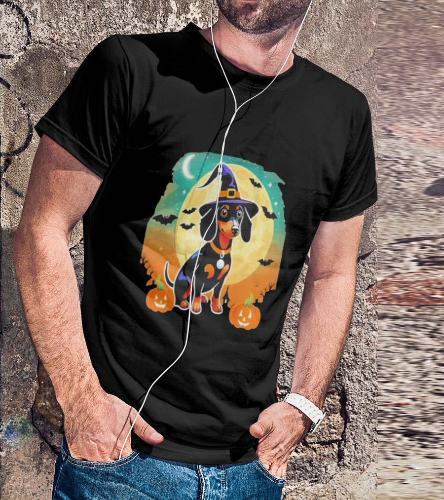Dachshund Dog Witch Hat Moon Bats Pumpkins T-Shirt