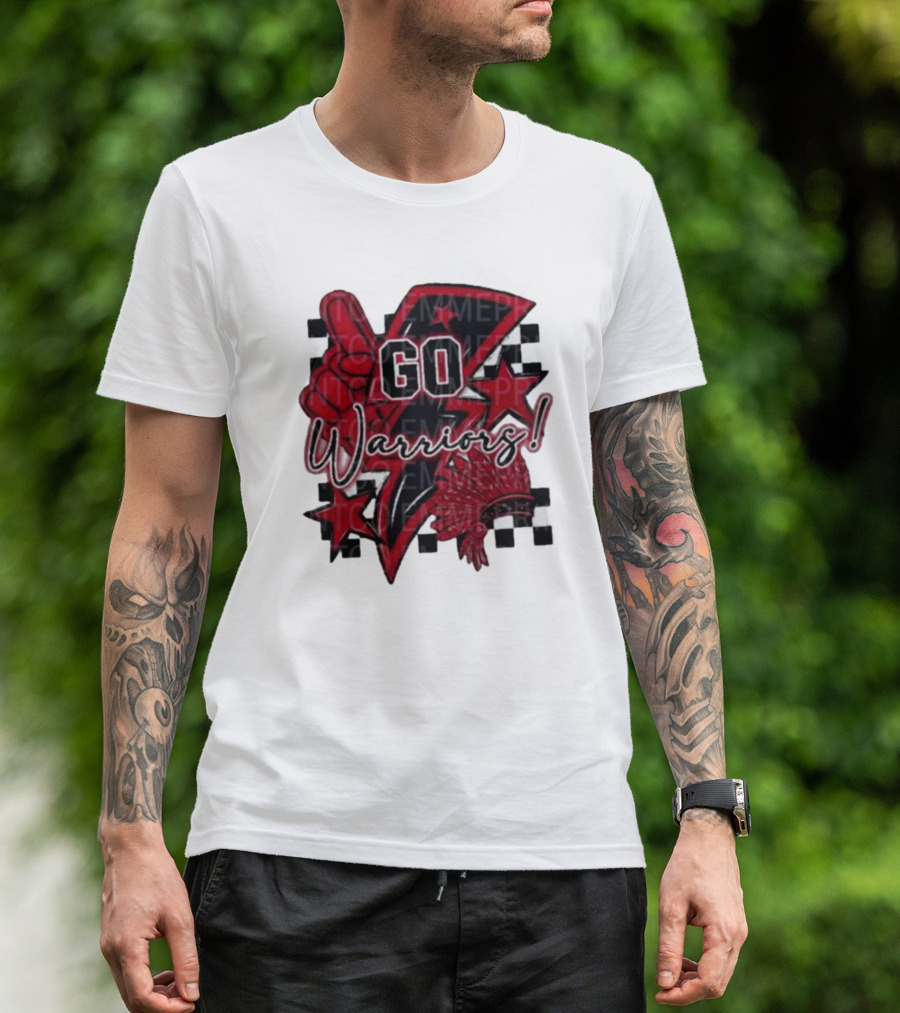 Go Warriors Football Sublimation With Foam Finger And Red Headdress T-Shirt