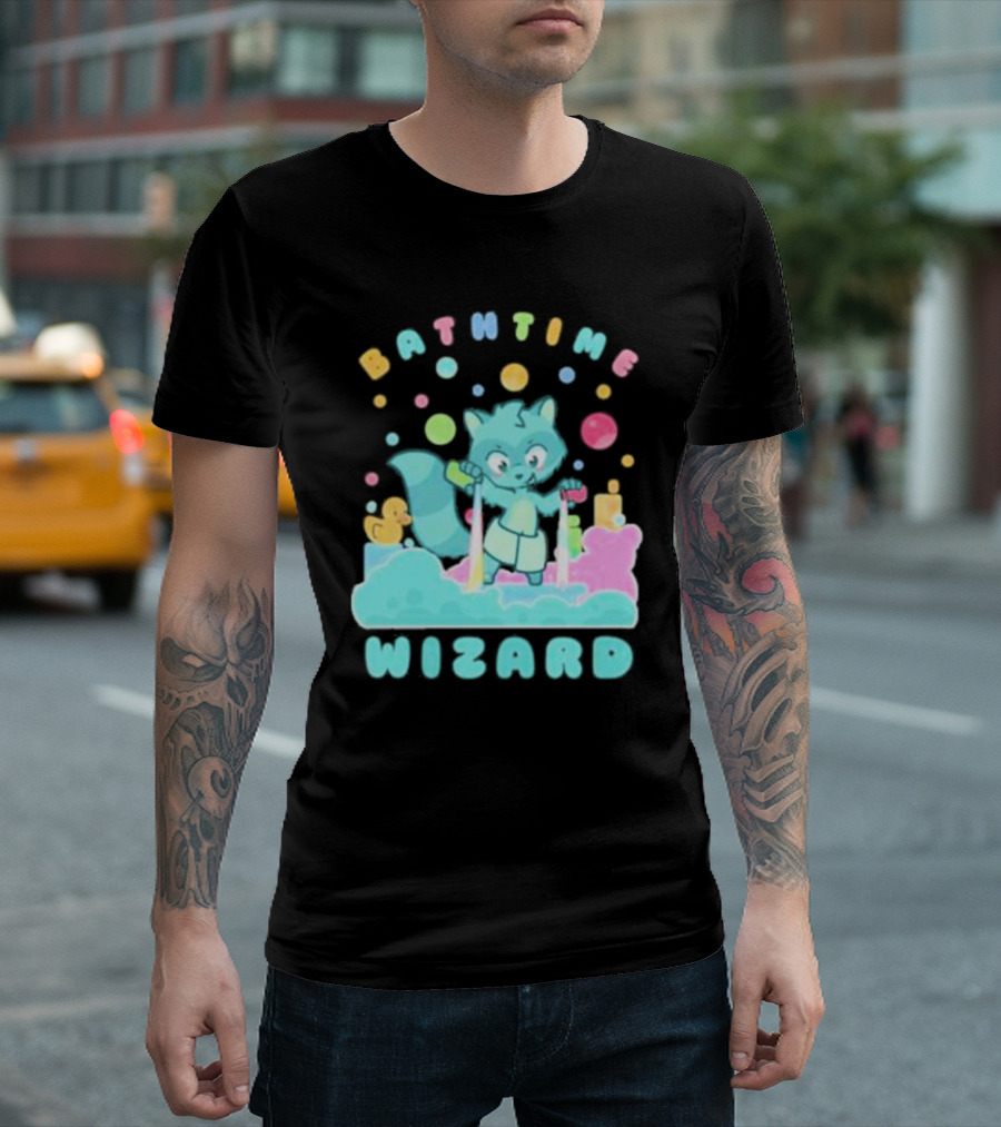 Bathtime Wizard Colorful Bubbles with Raccoon and Rubber Duck T-Shirt