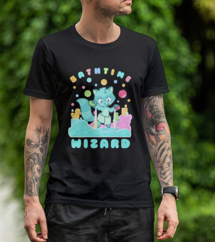 Bathtime Wizard Colorful Bubbles With Raccoon And Rubber Duck T-Shirt