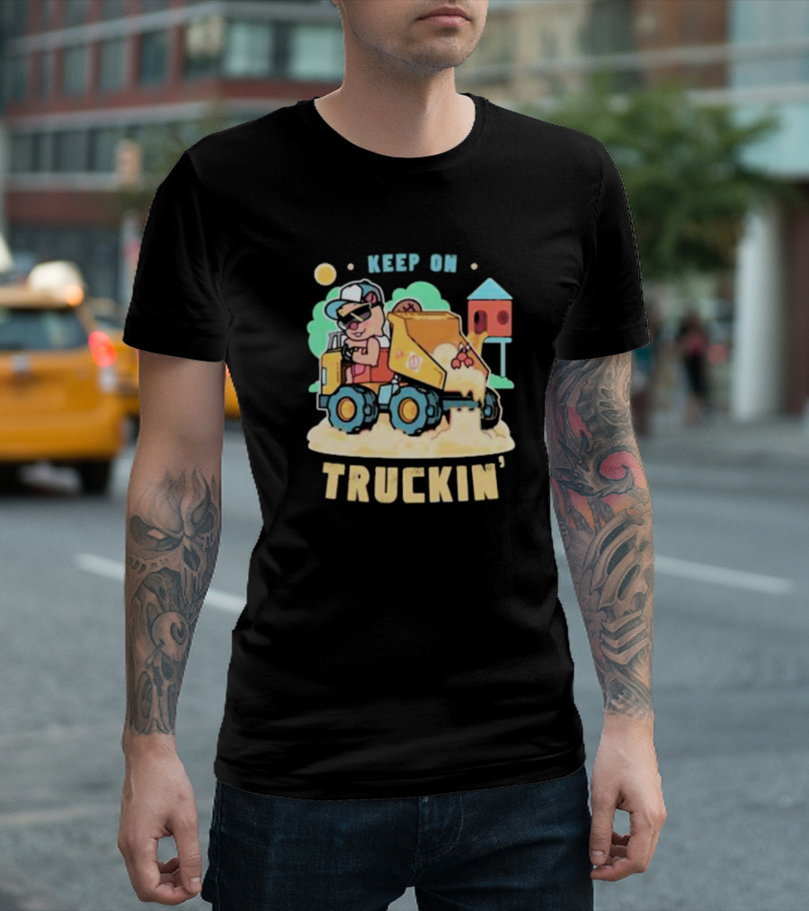 Keep on Truckin’ Cartoon Dog Driving Dump Truck with Doghouse and Sun T-Shirt