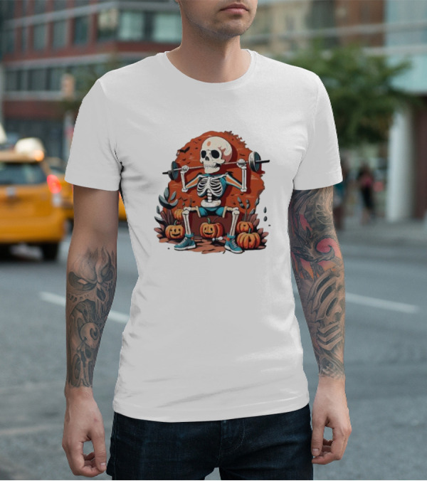 Skeleton Lifting Weights With Pumpkins Halloween Fitness T-Shirt