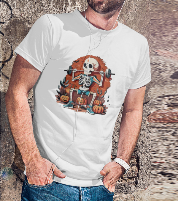 Skeleton Lifting Weights With Pumpkins Halloween Fitness T-Shirt