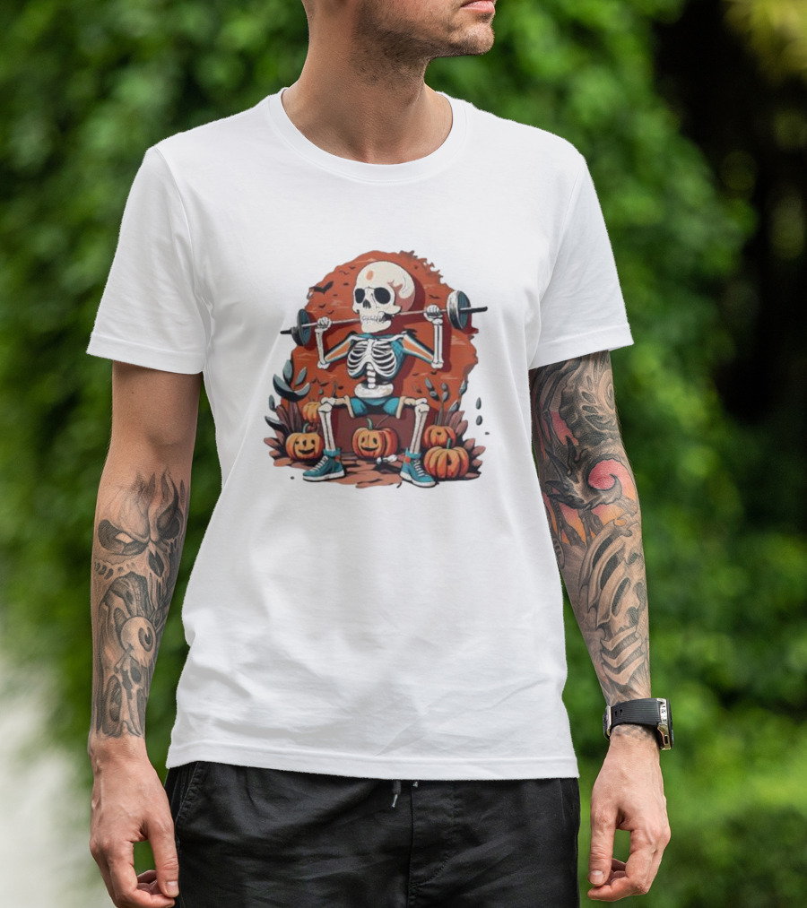 Skeleton Lifting Weights With Pumpkins Halloween Fitness T-Shirt