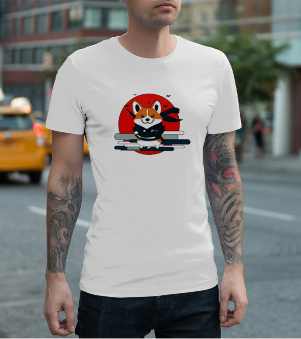 Ninja Corgi Red Sun With Bats T-Shirt