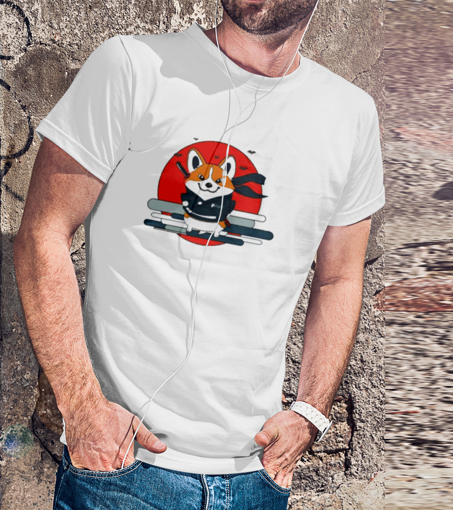Ninja Corgi Red Sun With Bats T-Shirt
