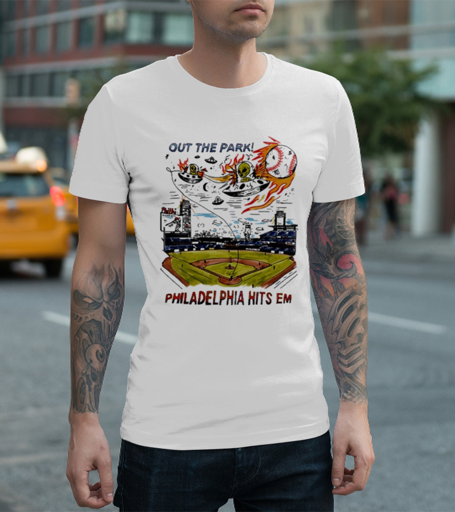 Out The Park Philadelphia Hits 'Em Alien Baseball Explosion T-Shirt