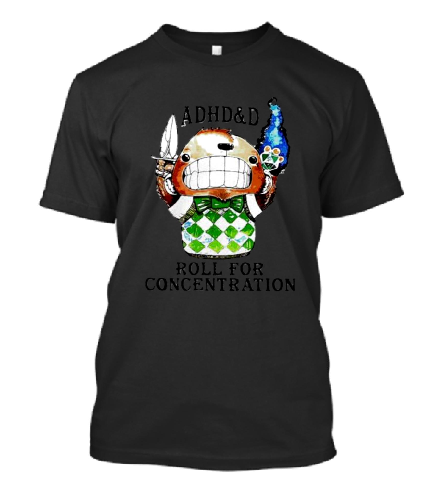 ADHD&D Roll For Concentration Knife Bear Green Vest Flame Cube T-Shirt
