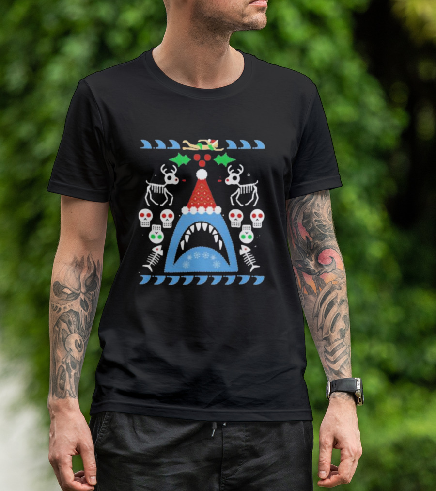 Santa Jaws Ugly Christmas Sweater With Shark, Skeleton Reindeer, And Skulls T-Shirt