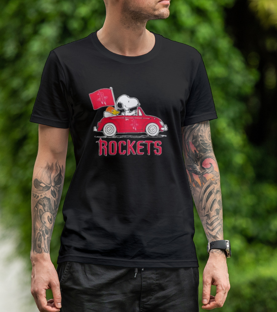 Houston Rockets Snoopy Dog Driving Red Car With Basketball Flag T-Shirt