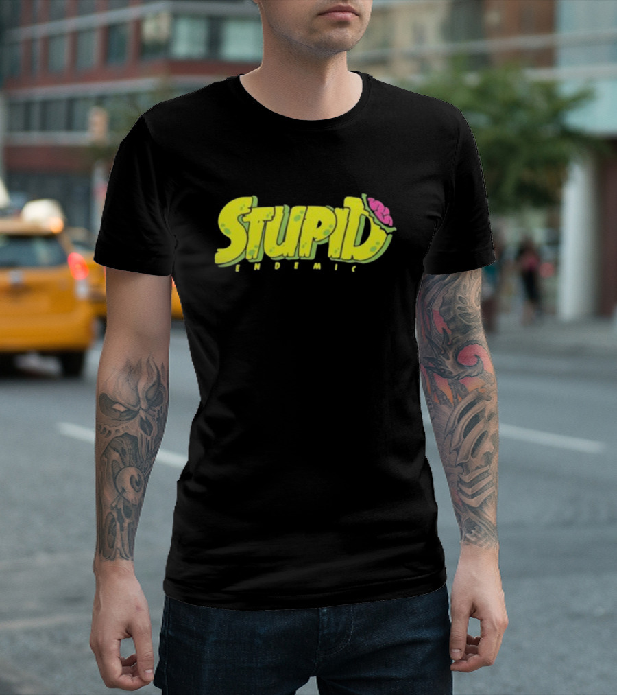 STUPID ENDEMIC Green Text with Brain Motif T-Shirt