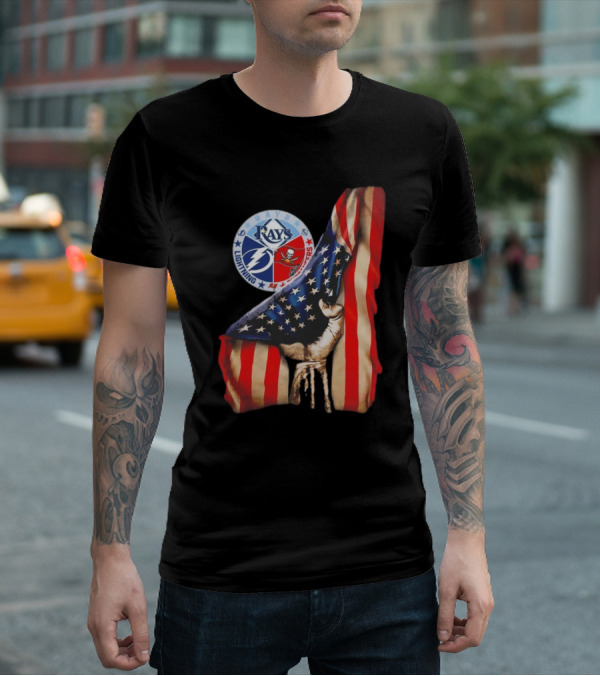 Tampa Bay Rays Lightning Buccaneers American Flag Fist T-Shirt