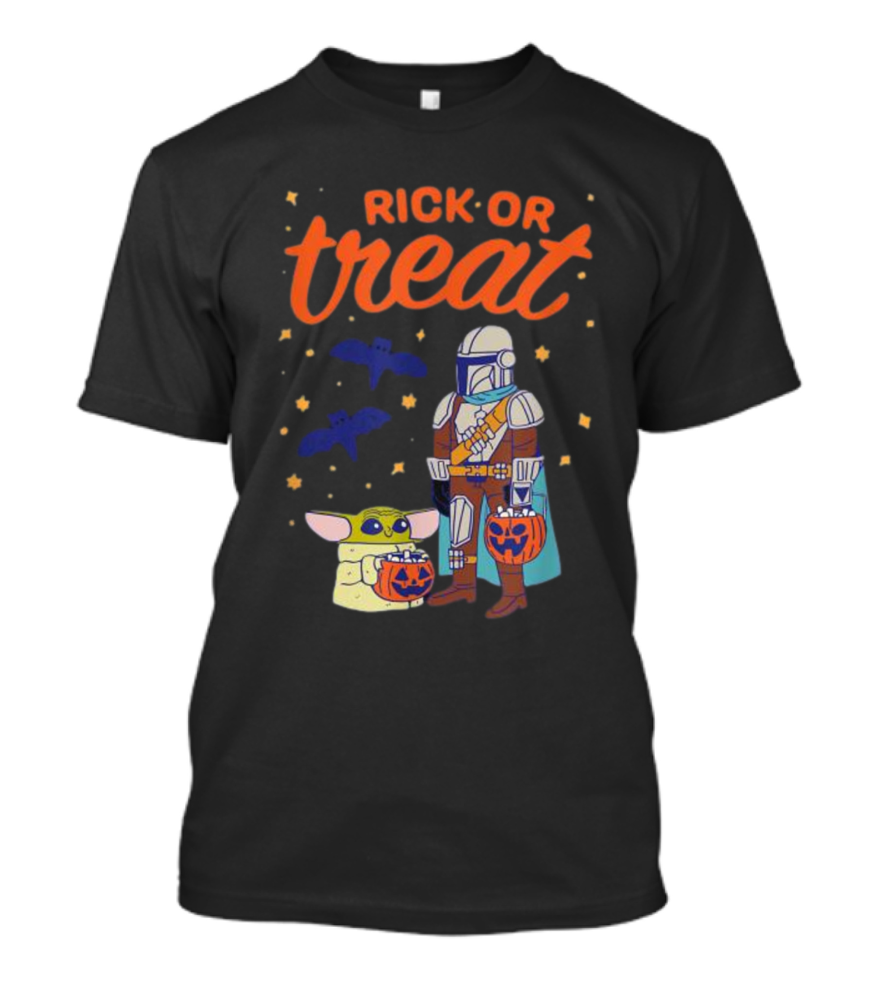 Rick Or Treat The Mandalorian And Grogu Halloween Pumpkin Buckets With Bats And Stars T-Shirt