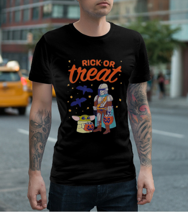 Rick Or Treat The Mandalorian And Grogu Halloween Pumpkin Buckets With Bats And Stars T-Shirt