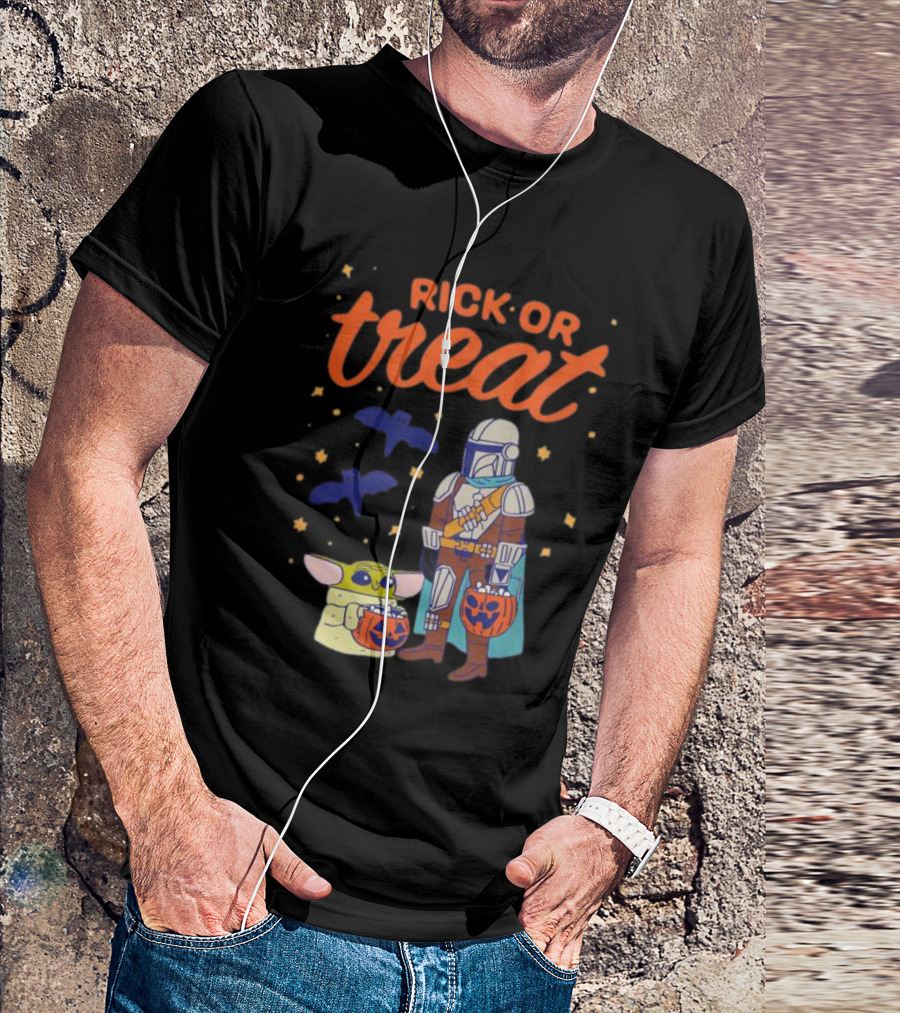 Rick Or Treat The Mandalorian And Grogu Halloween Pumpkin Buckets With Bats And Stars T-Shirt