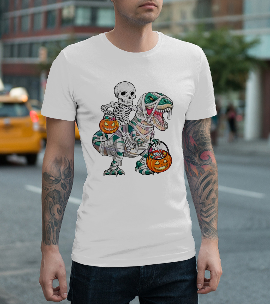 Spooky Saurus Rex Skeleton with Halloween Pumpkin Duo T-Shirt