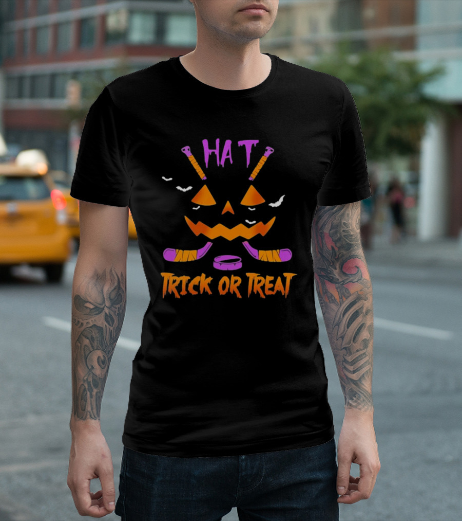 Hockey Hat Trick Or Treat Halloween Pumpkin With Hockey Sticks T-Shirt