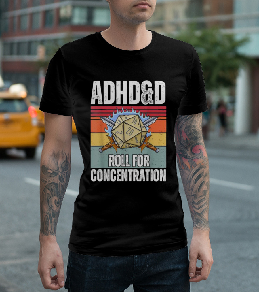 ADHD&D Roll For Concentration Retro Dice Sword Gamer T-Shirt