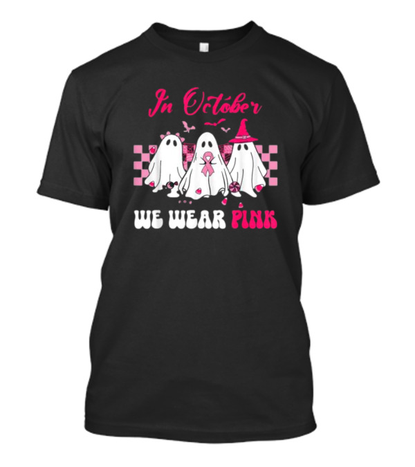 In October We Wear Pink Breast Cancer Ghost Halloween Groovy T-Shirt