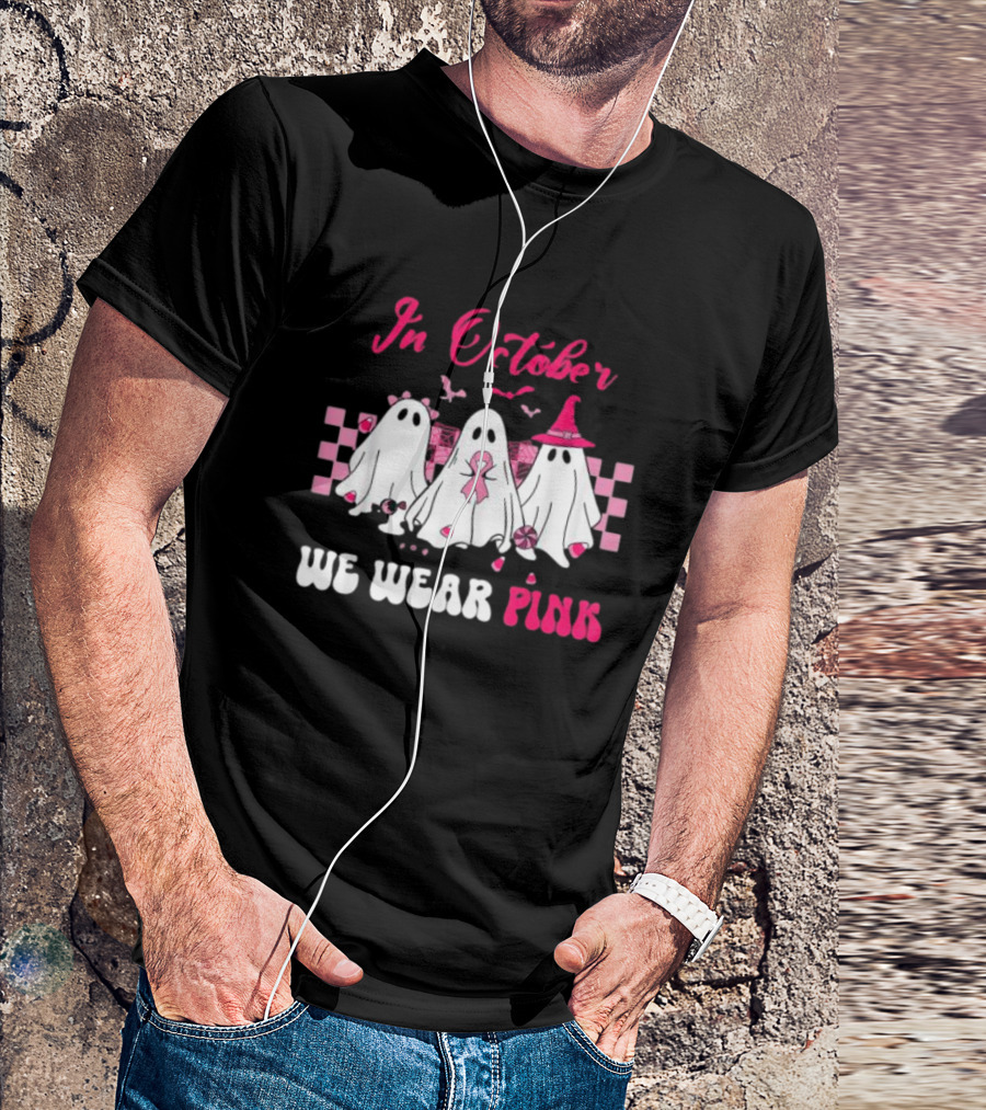In October We Wear Pink Breast Cancer Ghost Halloween Groovy T-Shirt