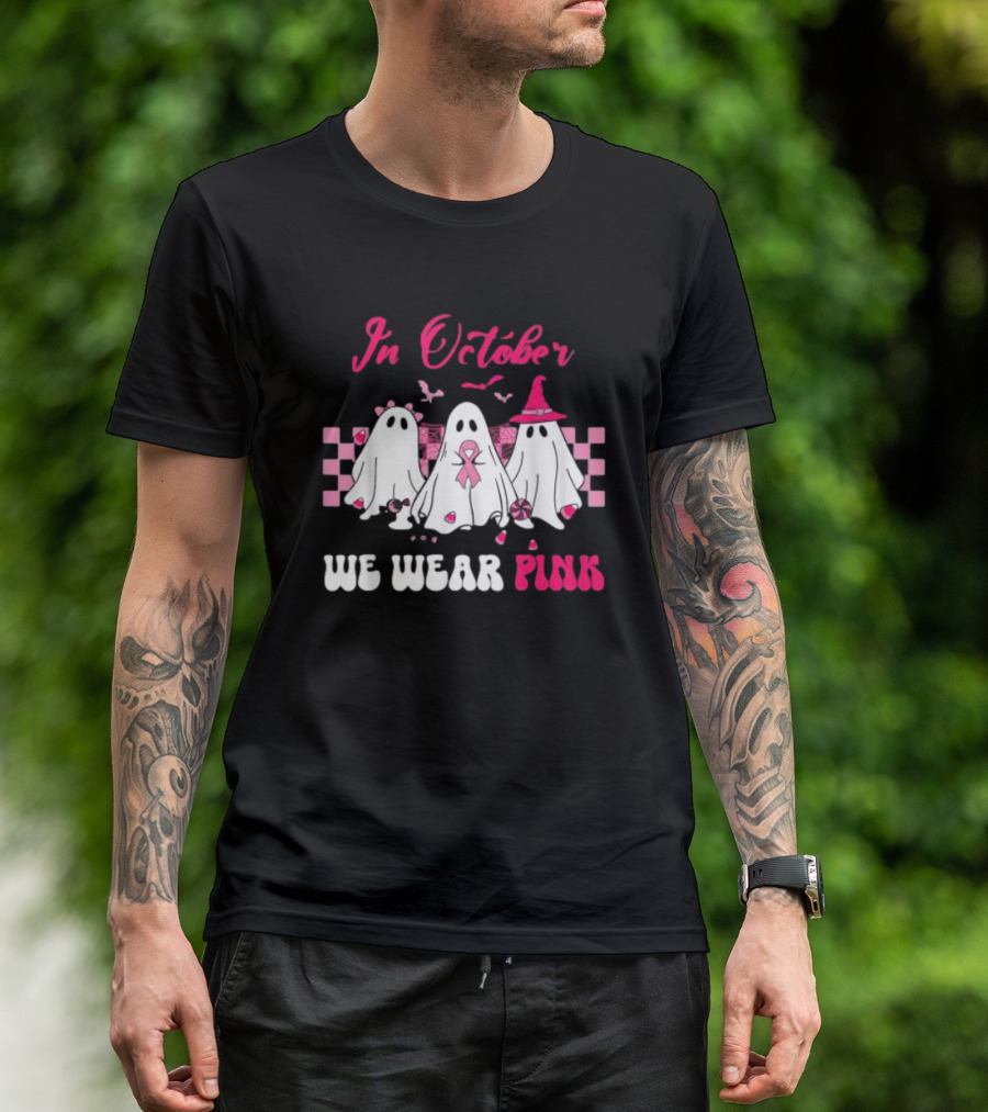 In October We Wear Pink Breast Cancer Ghost Halloween Groovy T-Shirt
