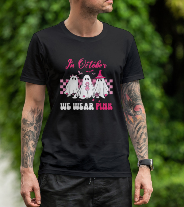In October We Wear Pink Breast Cancer Ghost Halloween Groovy T-Shirt