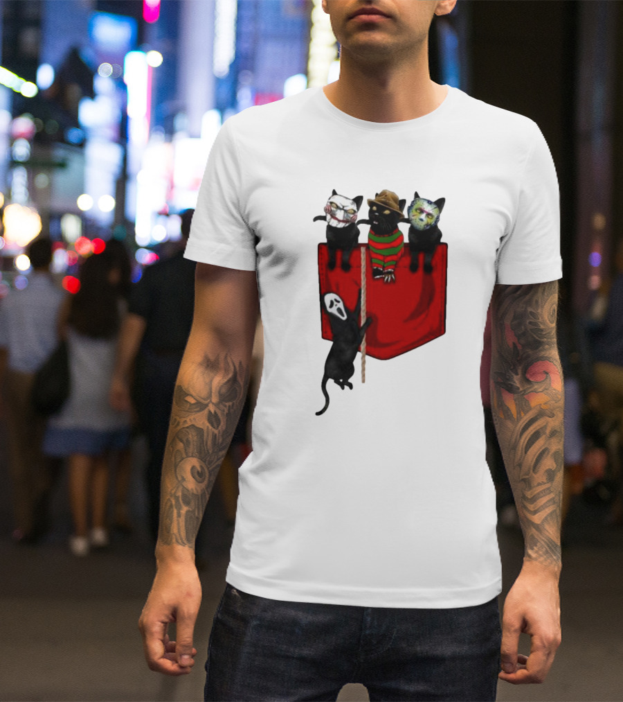 Cat Cosplay Horror Movie Characters Trick Or Treat Freddy Krueger Jason Voorhees Scream Happy Halloween T-Shirt