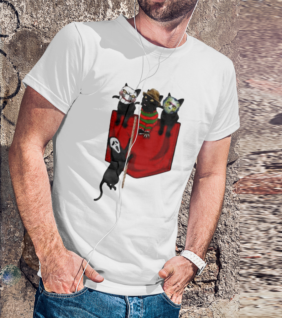 Cat Cosplay Horror Movie Characters Trick Or Treat Freddy Krueger Jason Voorhees Scream Happy Halloween T-Shirt