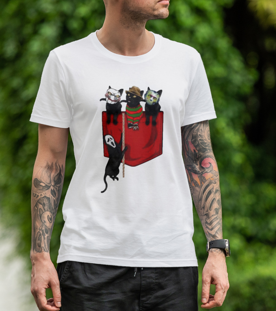 Cat Cosplay Horror Movie Characters Trick Or Treat Freddy Krueger Jason Voorhees Scream Happy Halloween T-Shirt