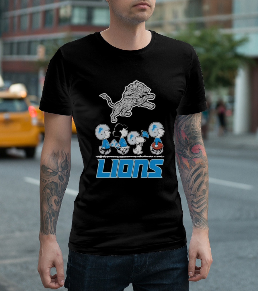 Peanuts Characters Walking Detroit Lions Jared Goff T-Shirt