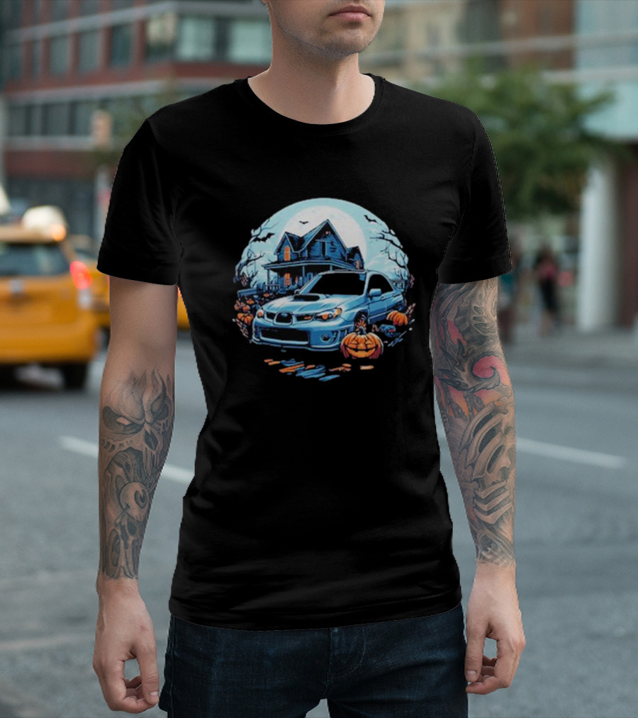 The Car Scene Network Halloween Haunted House with Pumpkins and Bats T-Shirt