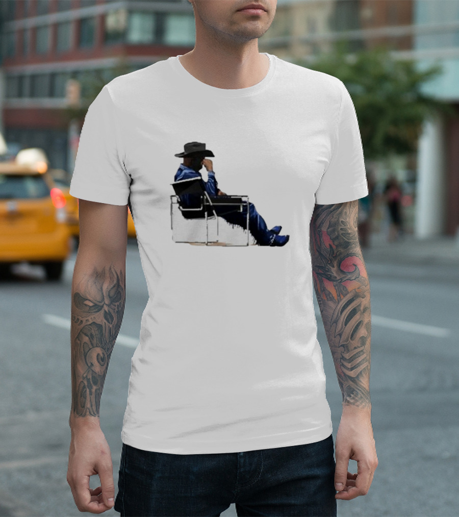 Bad Bunny Sitting Cowboy Chair Black Hat Blue T-Shirt