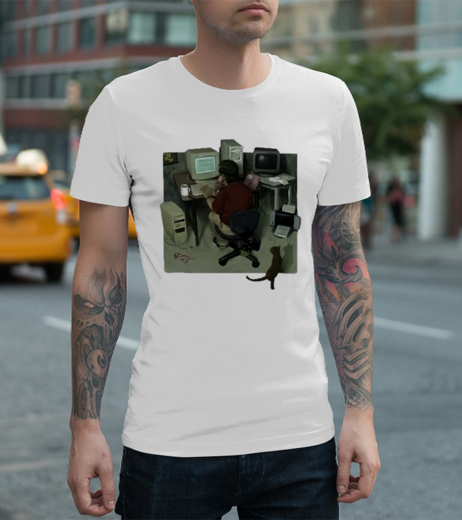 Ollie Jones Freelancer at Computer with Cat in Home Office Scene T-Shirt