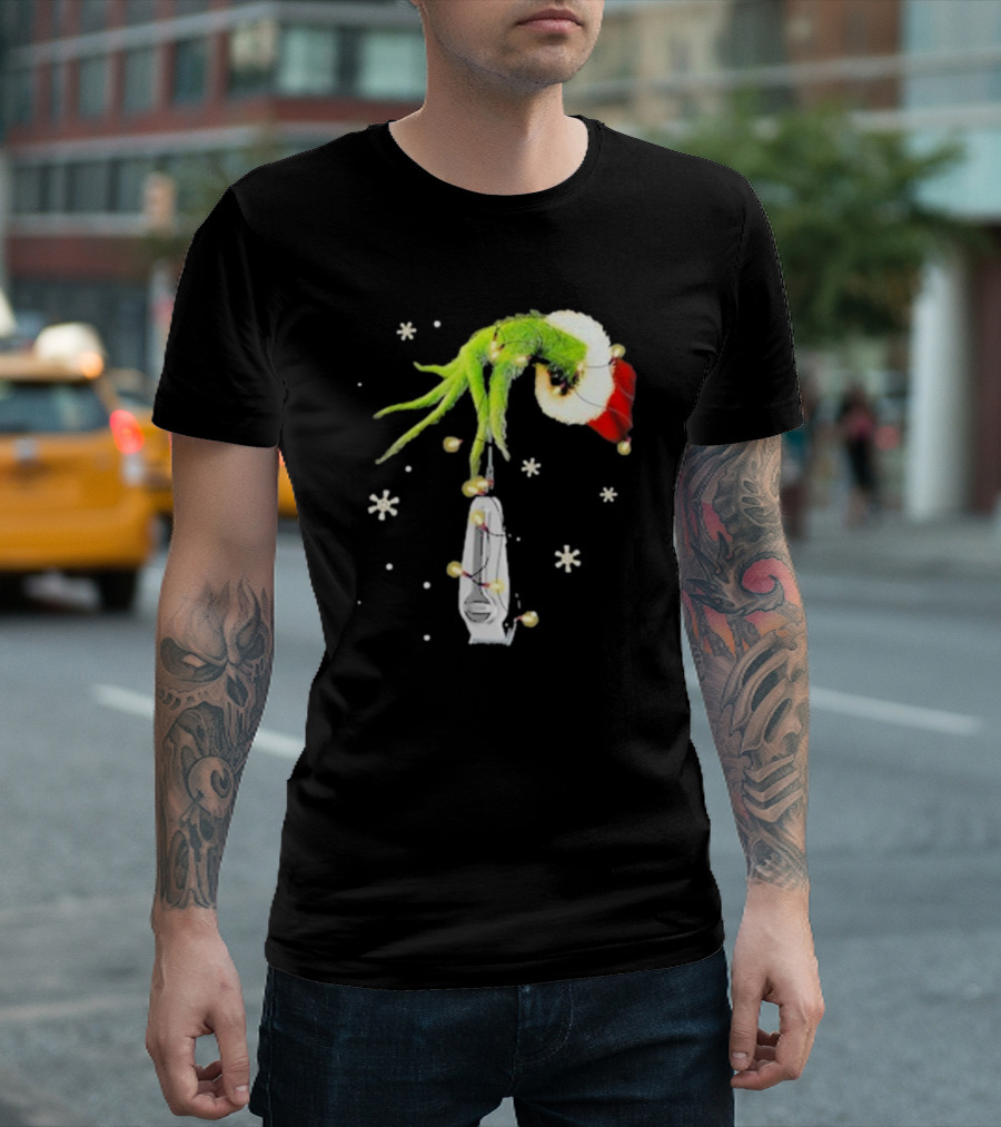 Grinch Christmas Hand Holding Clipper Snowflakes Santa Hat T-Shirt