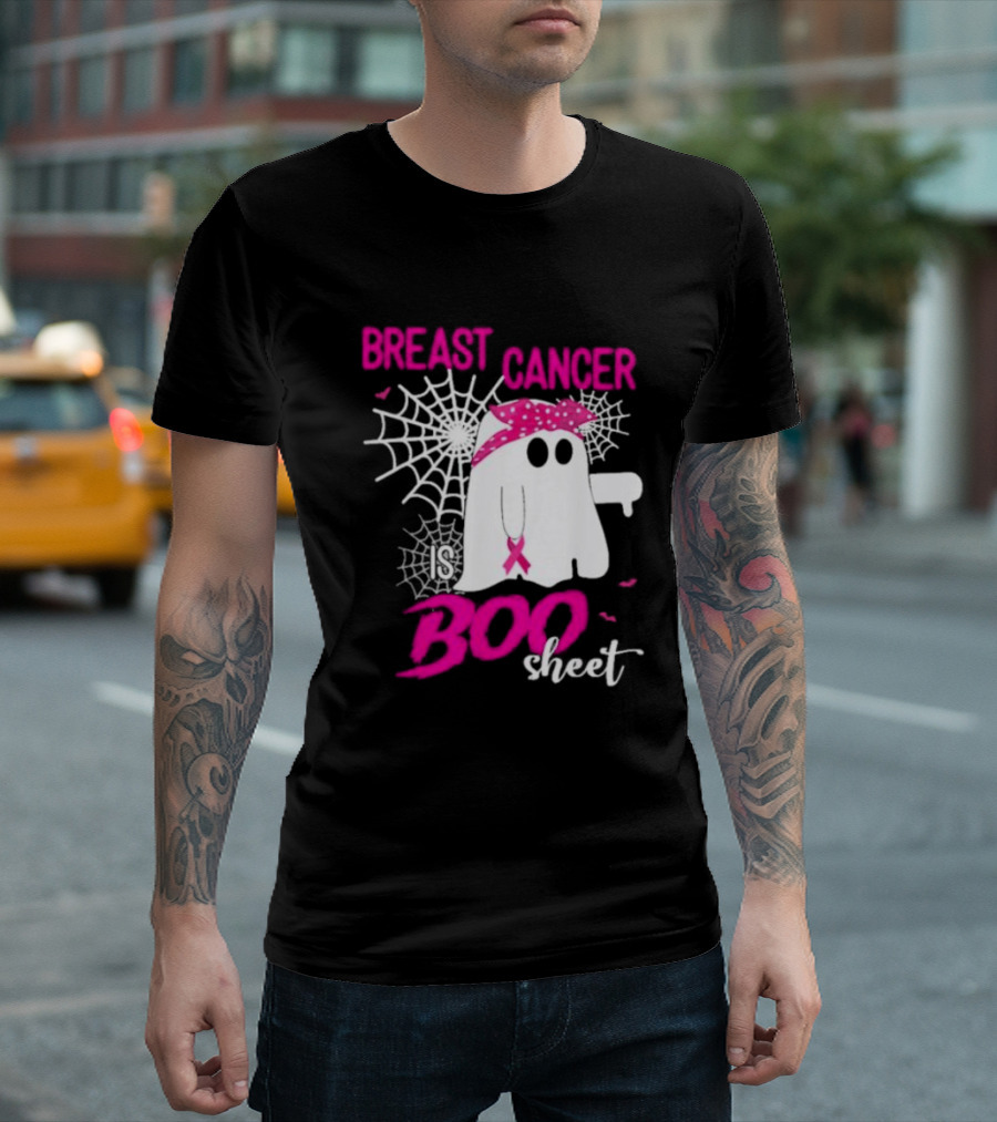 Breast Cancer Is Boo Sheet Halloween Ghost With Pink Ribbon And Spider Webs T-Shirt