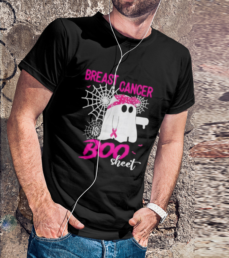 Breast Cancer Is Boo Sheet Halloween Ghost With Pink Ribbon And Spider Webs T-Shirt