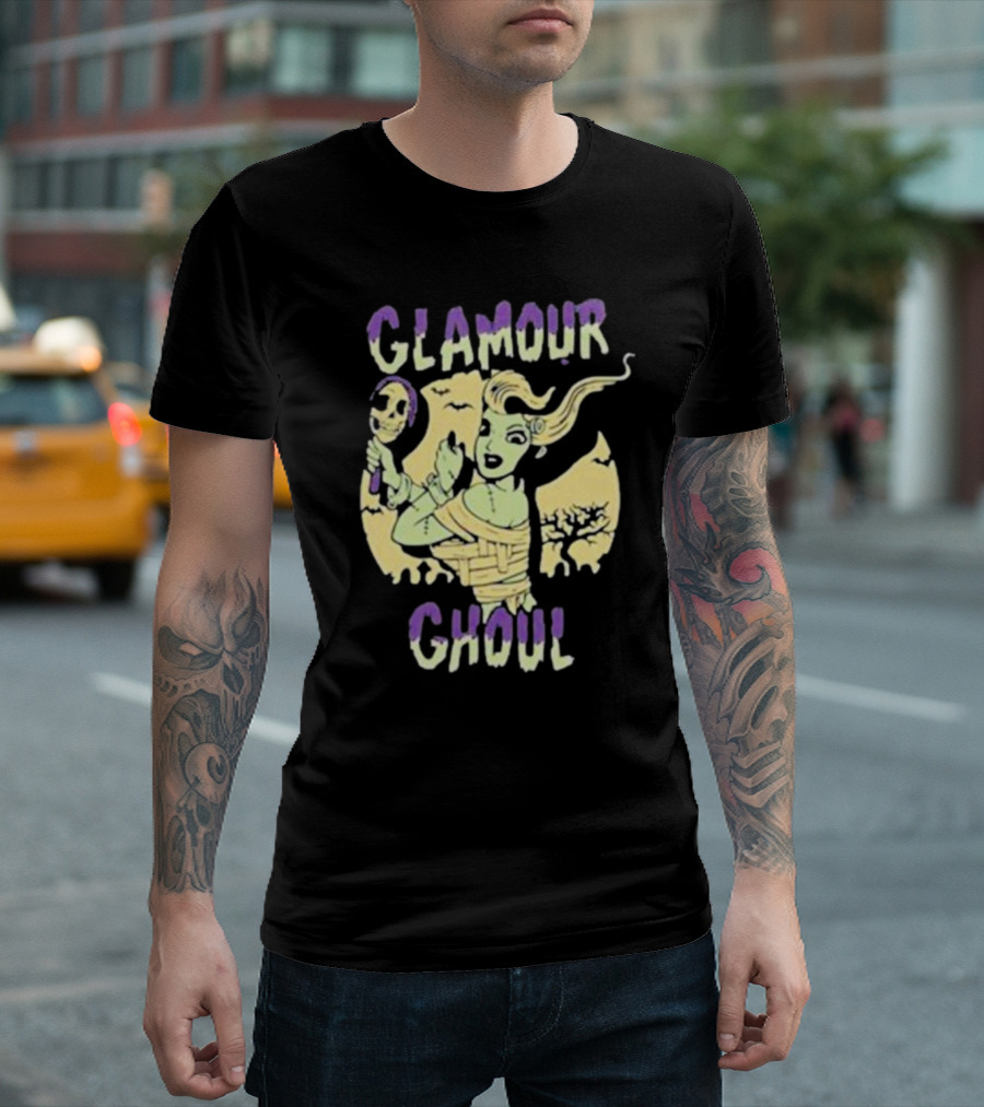 Glamour Ghoul Halloween Monster Retro Skeleton Mirror Bats Trees T-Shirt