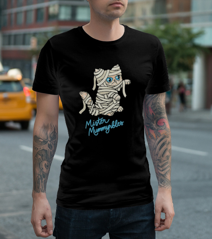 Lilbub Mister Mummyrbles Wrapped Cat With Blue Text T-Shirt