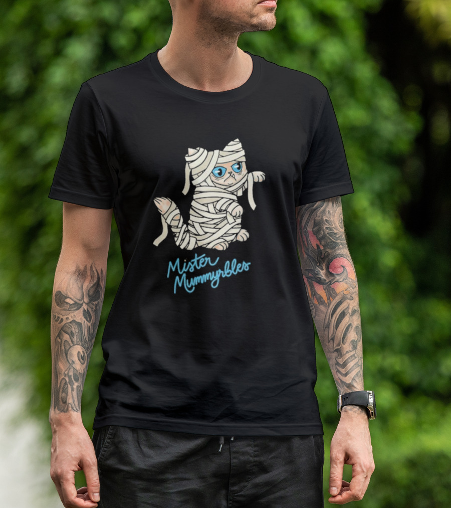 Lilbub Mister Mummyrbles Wrapped Cat With Blue Text T-Shirt