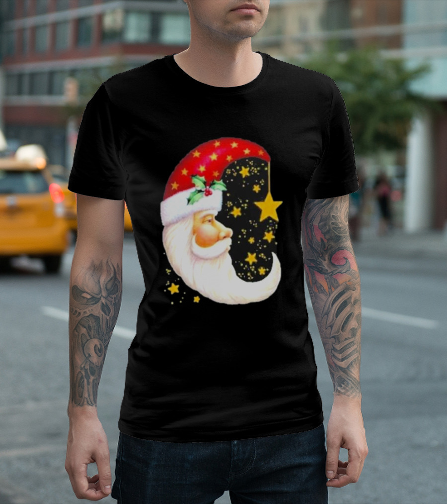 Christmas Santa Crescent Moon Starry Hat Print Crew Neck T-Shirt