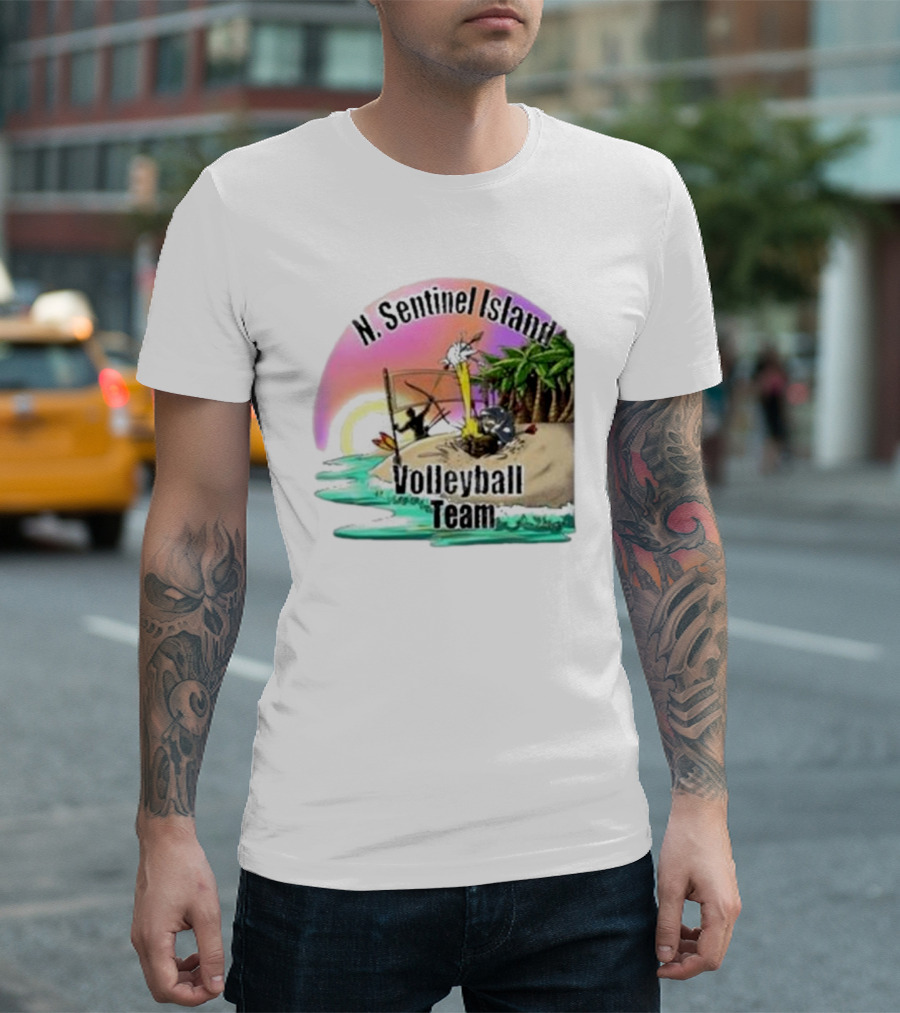 N. Sentinel Island Volleyball Team Sunset Beach Scene with Palms T-Shirt