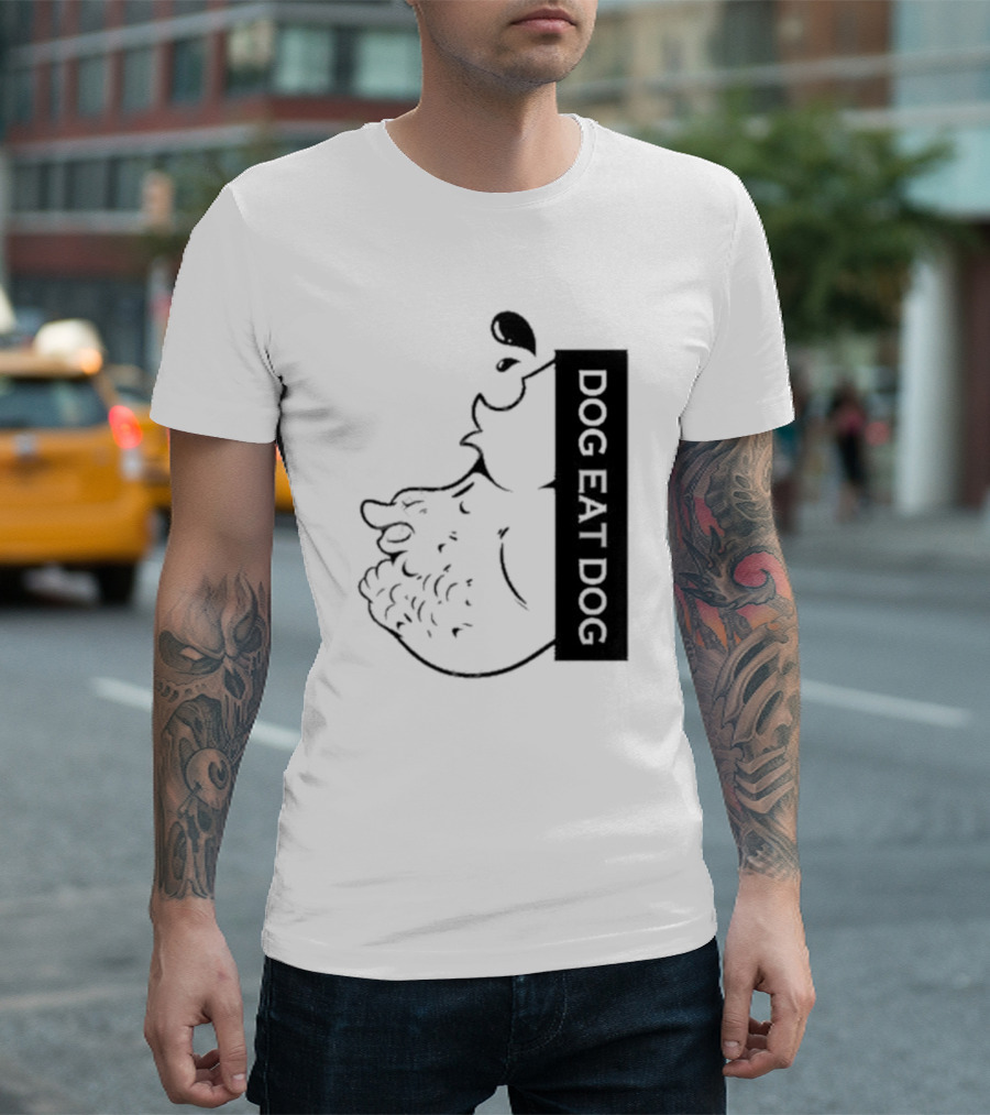Slosh Dog Eat Dog Vertical Text Graphic With Cartoon Style Dog Outline T-Shirt