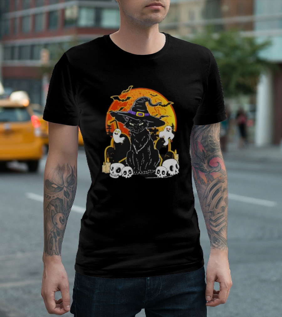 Black Cat Witch Skull Cemetery Blood Moon Halloween Ghosts T-Shirt