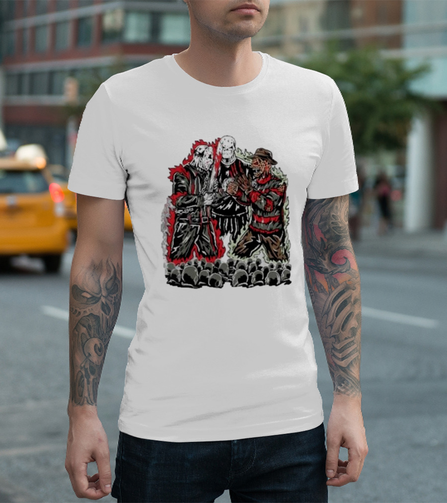 Violent Faceoff Horror Icons Showdown Freddy Krueger vs Jason Voorhees in Front of Crowd T-Shirt
