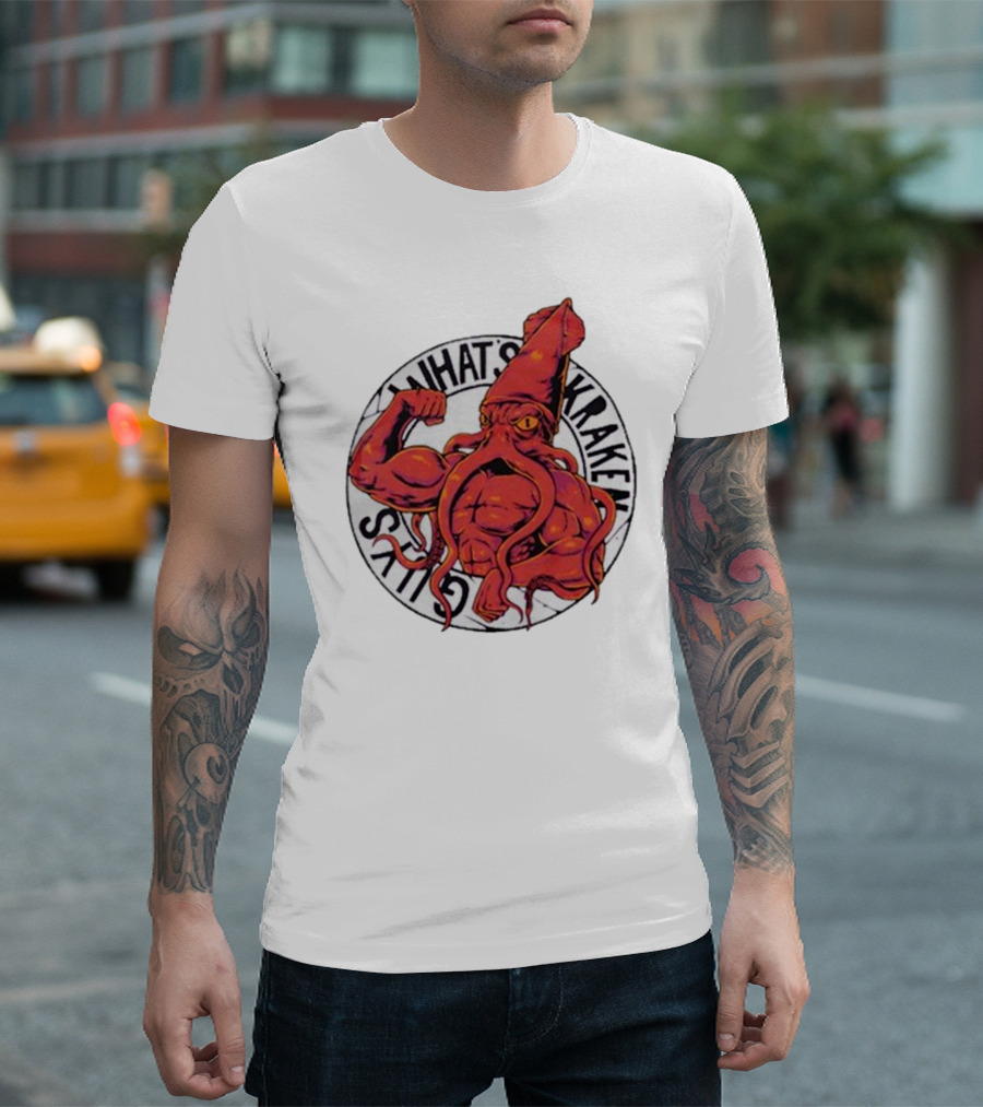 What’s Kraken Guys Sea Muscular Squid Circle T-Shirt
